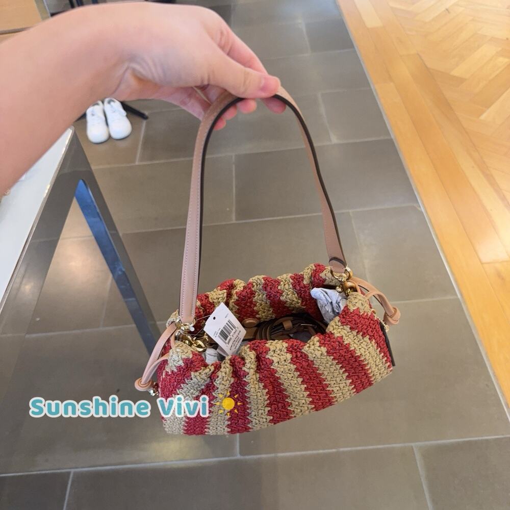 NWT coach Faye Shoulder Bag Gold/Red/Tan Straw and smooth leather CER33 - Picture 7 of 9